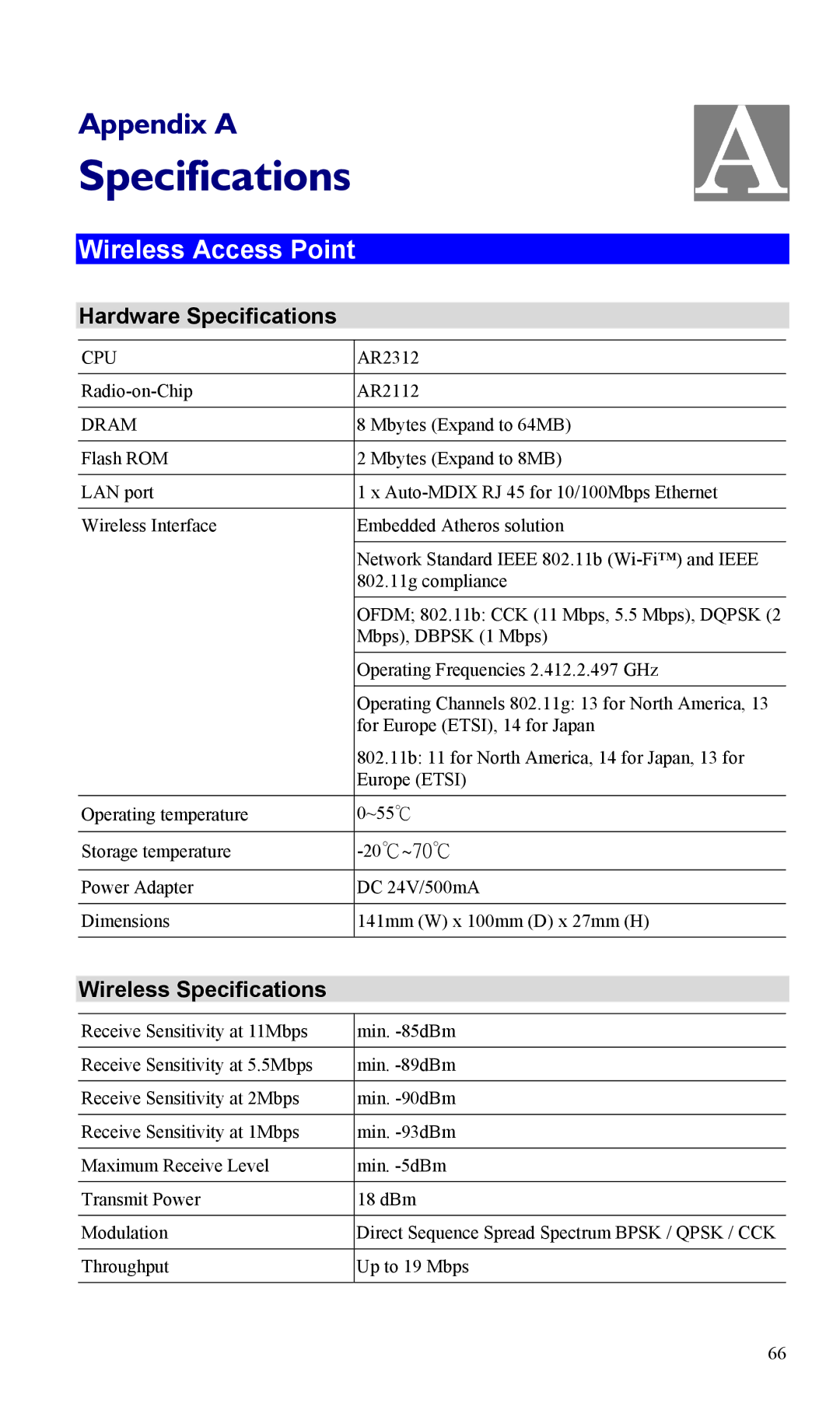 LevelOne WAP-0005 user manual Wireless Access Point, Hardware Specifications, Wireless Specifications 