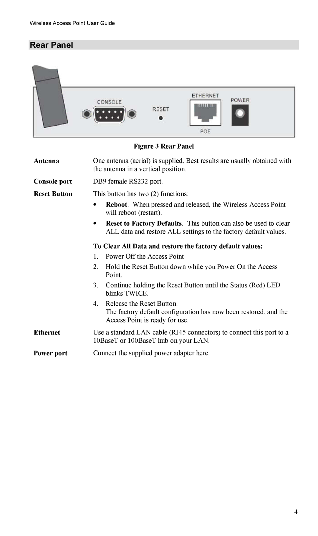 LevelOne WAP-0005 user manual Rear Panel, To Clear All Data and restore the factory default values, Ethernet, Power port 