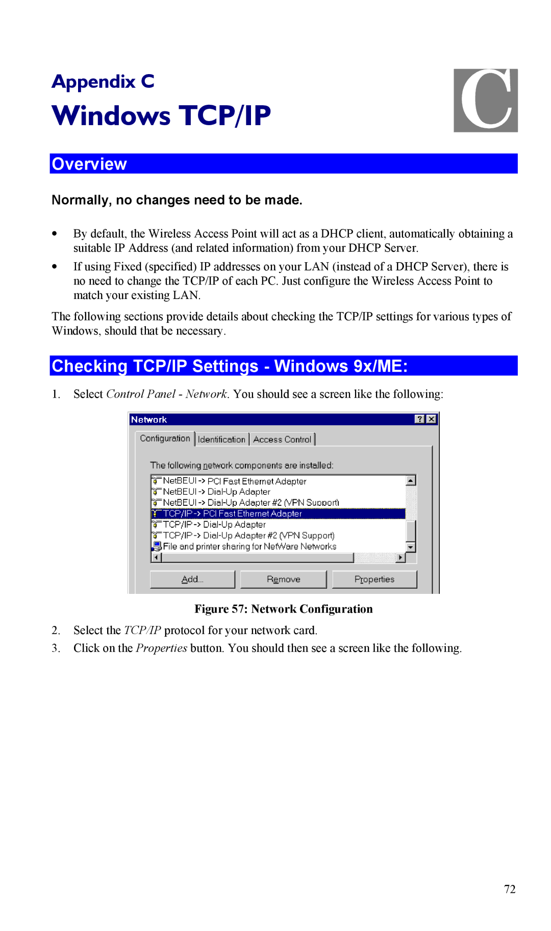 LevelOne WAP-0005 user manual Windows TCP/IP, Checking TCP/IP Settings Windows 9x/ME, Normally, no changes need to be made 