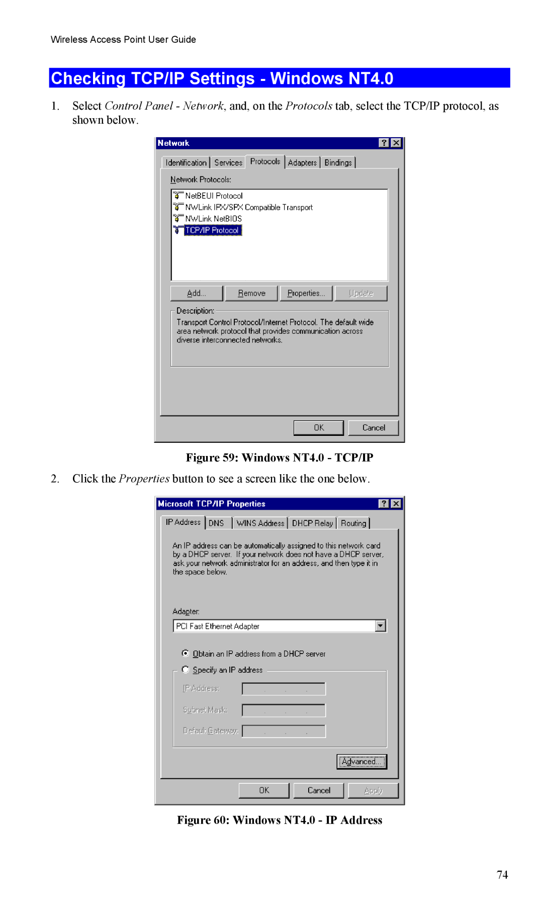 LevelOne WAP-0005 user manual Checking TCP/IP Settings Windows NT4.0, Windows NT4.0 TCP/IP 