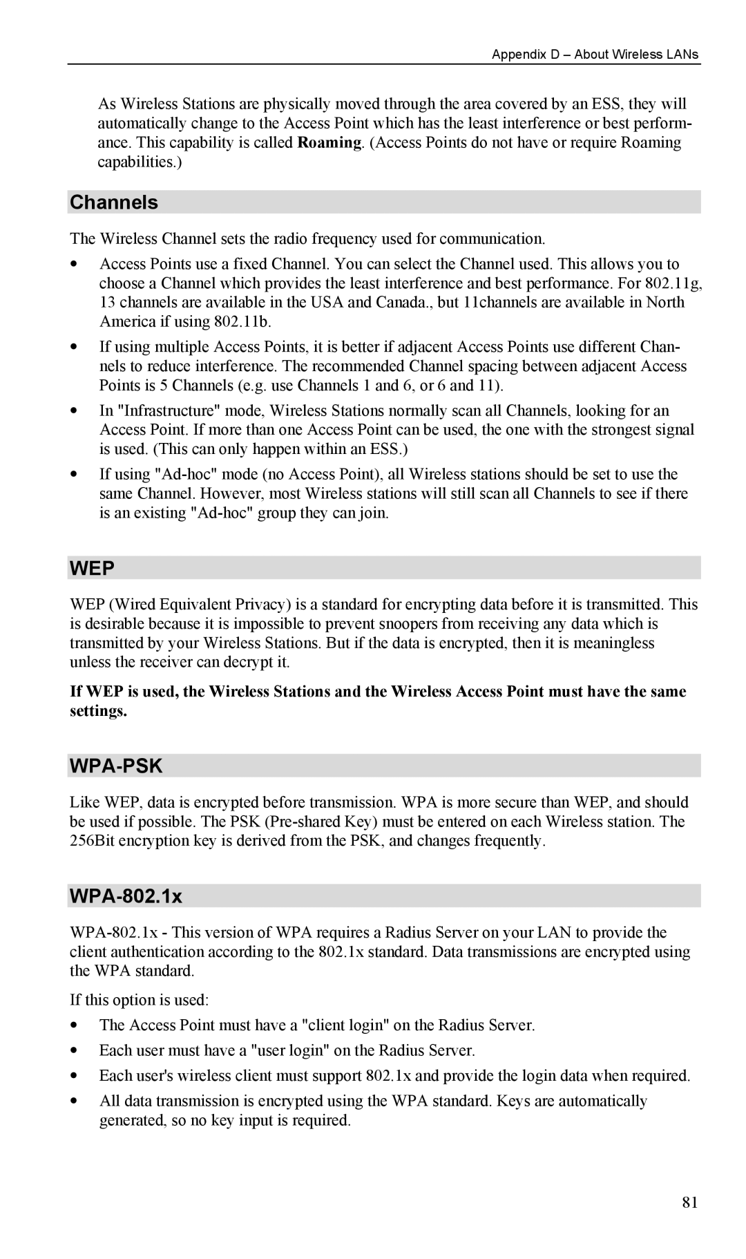 LevelOne WAP-0005 user manual Channels, WPA-802.1x 