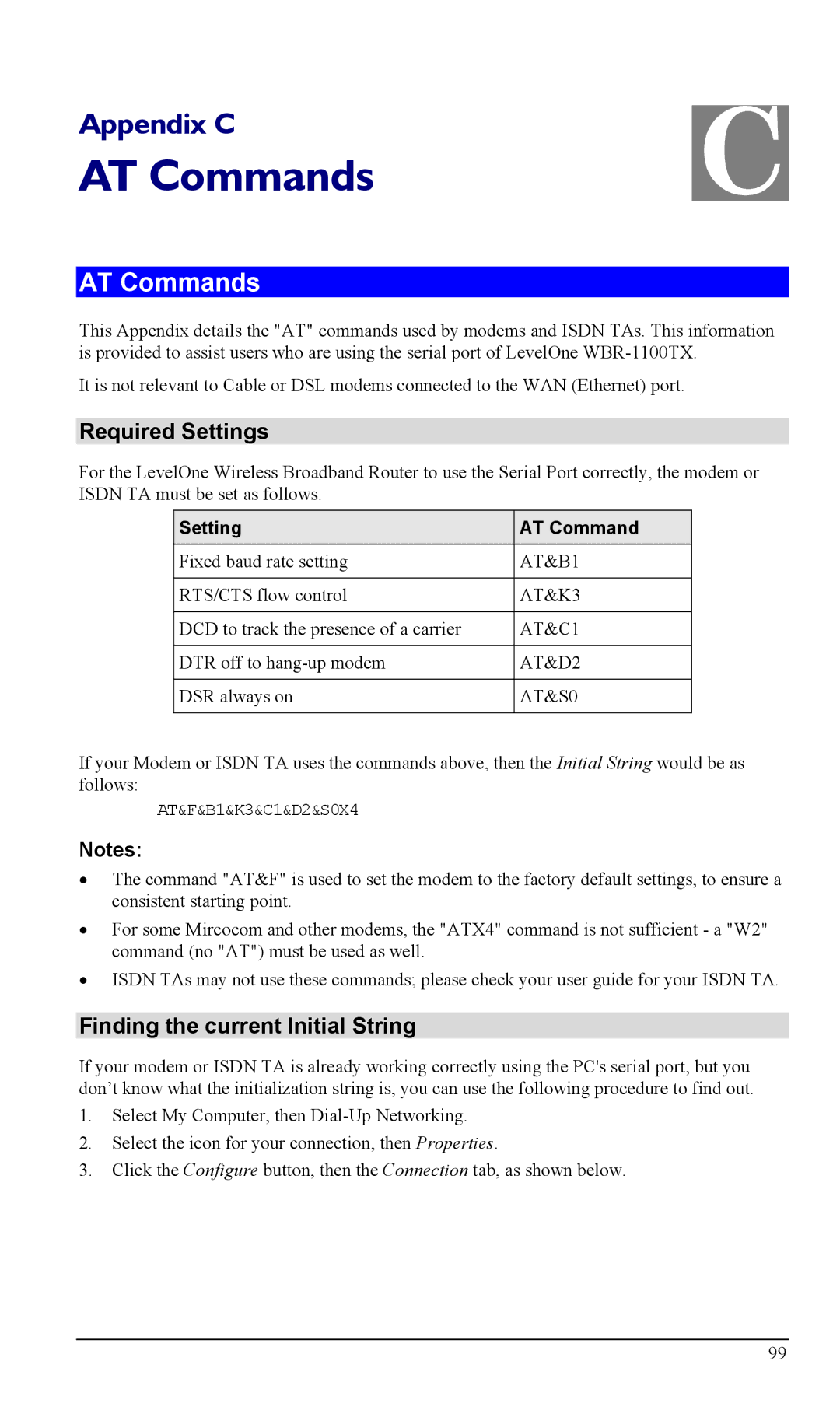 LevelOne WBR-1100TX, WBR-1400TX AT Commands, Required Settings, Finding the current Initial String, Setting AT Command 