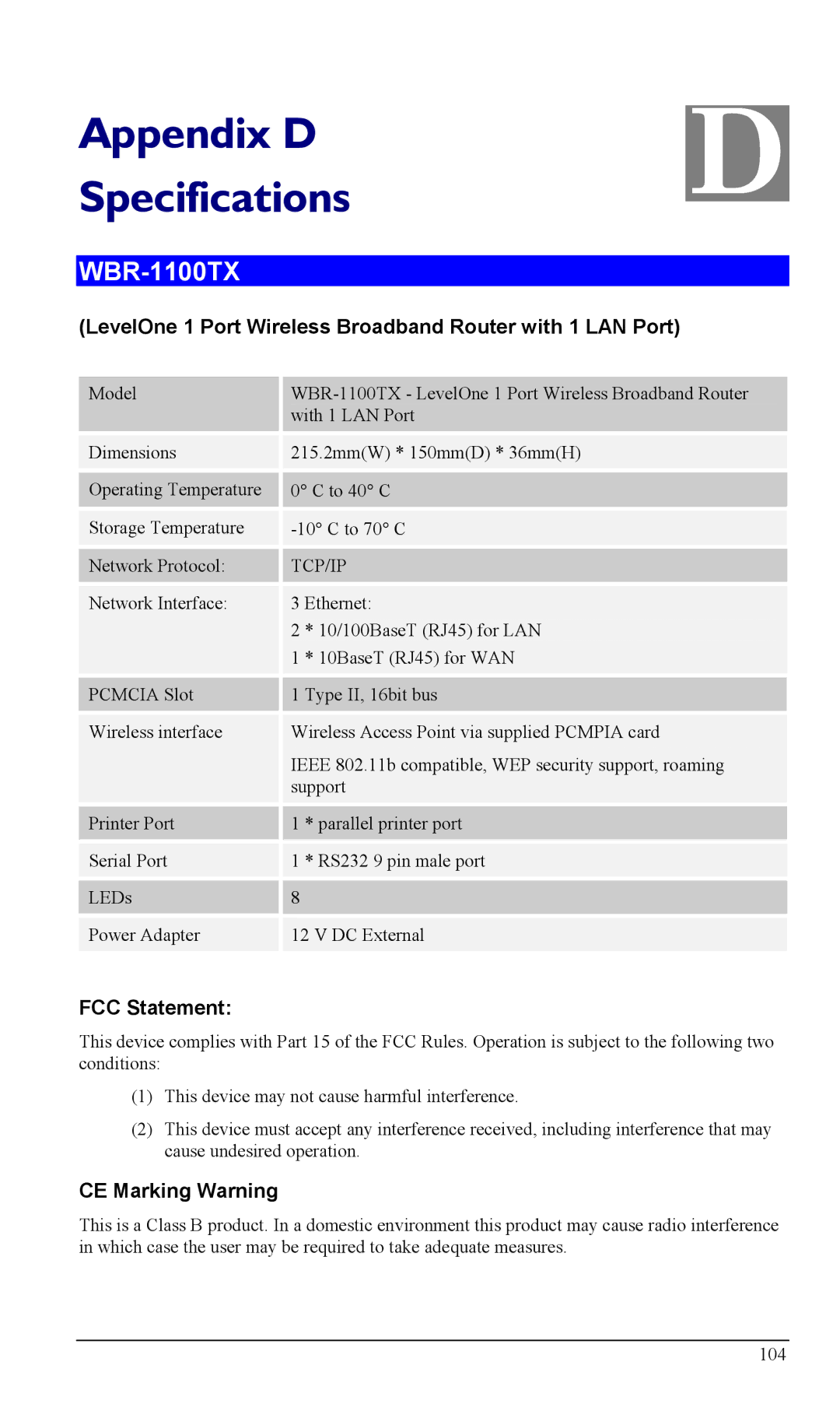 LevelOne WBR-1400TX manual WBR-1100TX, LevelOne 1 Port Wireless Broadband Router with 1 LAN Port, FCC Statement 