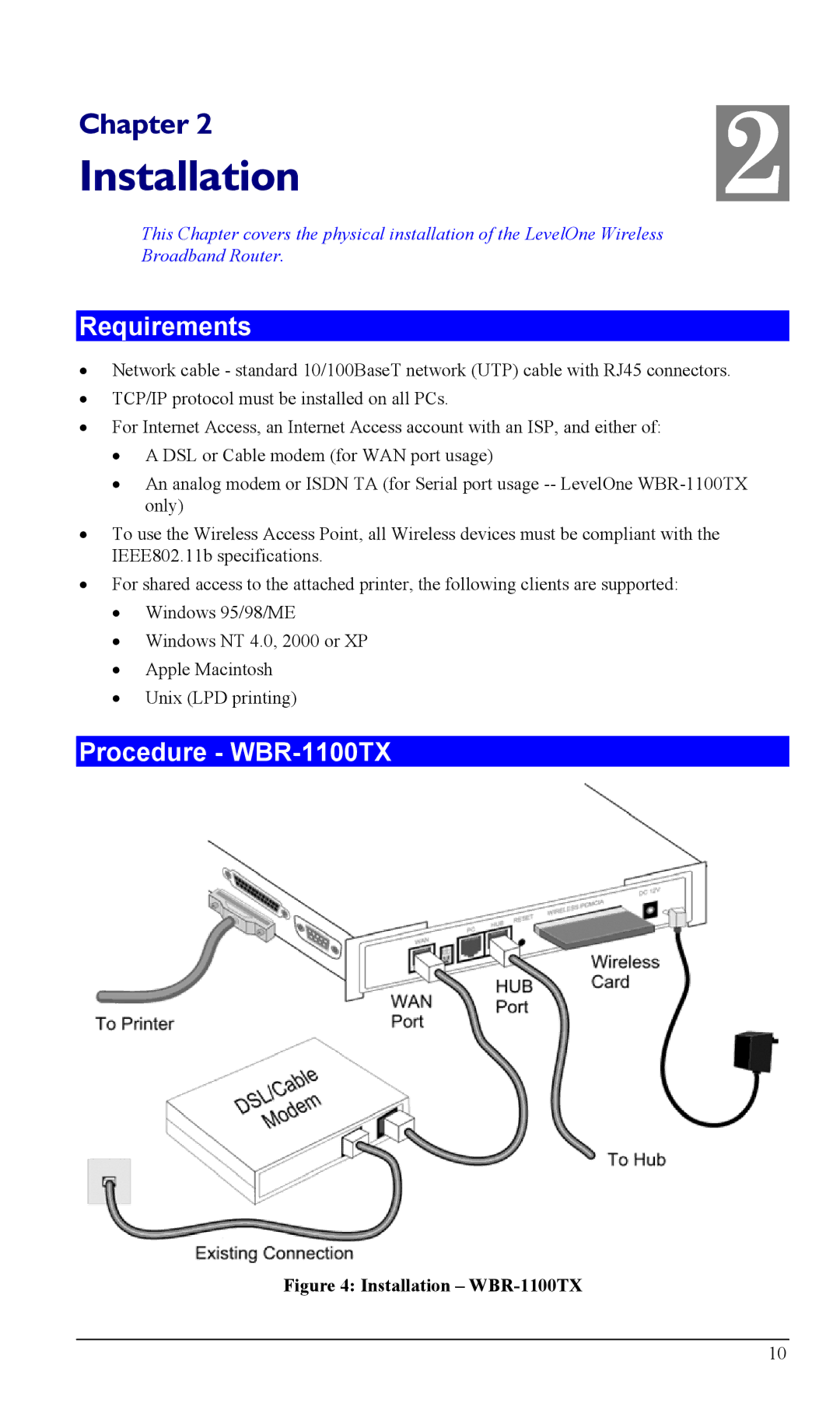 LevelOne WBR-1400TX manual Installation, Requirements, Procedure WBR-1100TX 