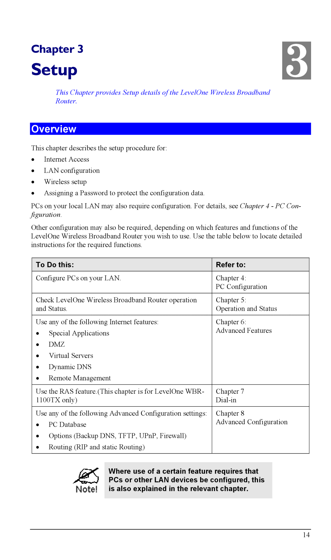 LevelOne WBR-1400TX, WBR-1100TX manual Setup, Overview, To Do this Refer to 