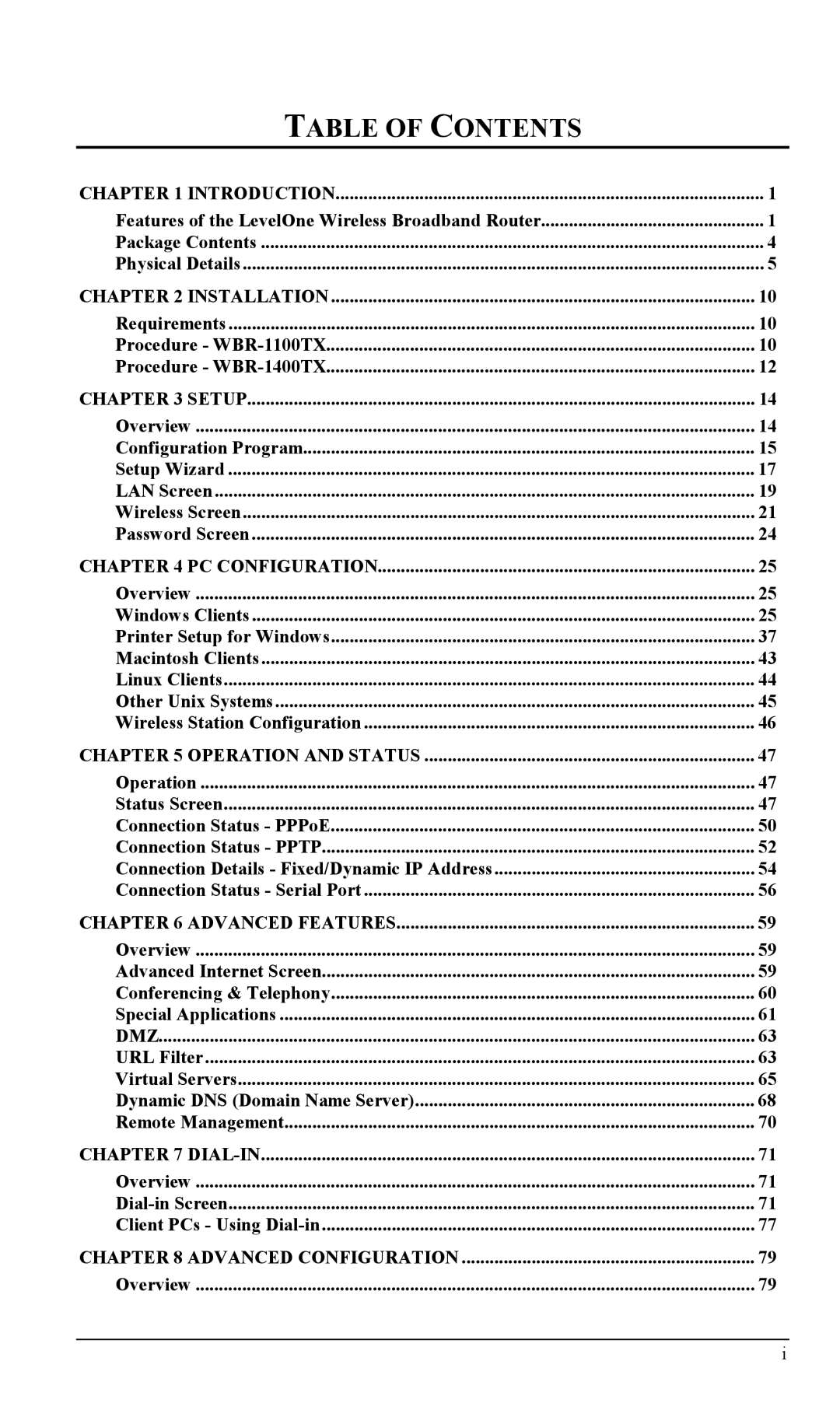 LevelOne WBR-1100TX, WBR-1400TX manual Table of Contents 