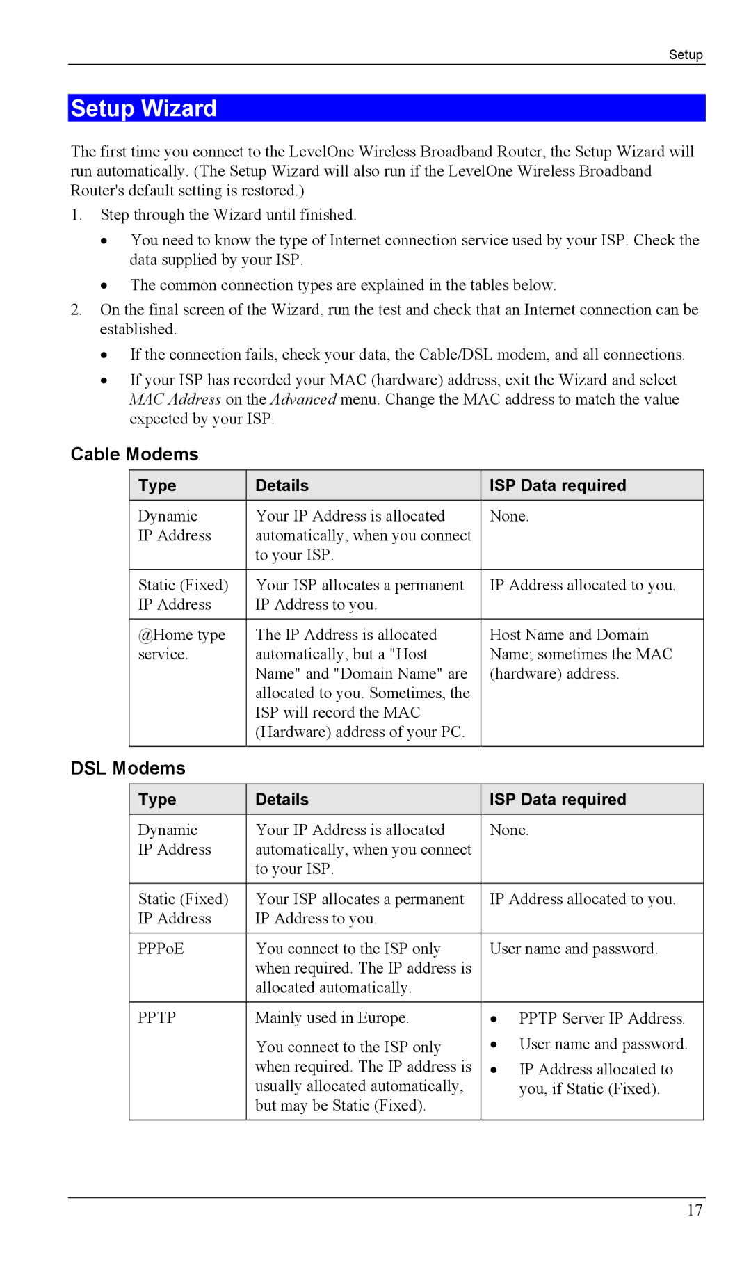 LevelOne WBR-1100TX, WBR-1400TX manual Setup Wizard, Cable Modems, DSL Modems, Type Details ISP Data required 