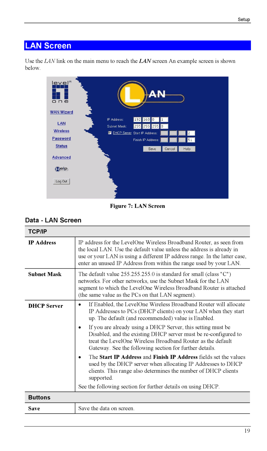 LevelOne WBR-1100TX, WBR-1400TX manual Data LAN Screen, Buttons 