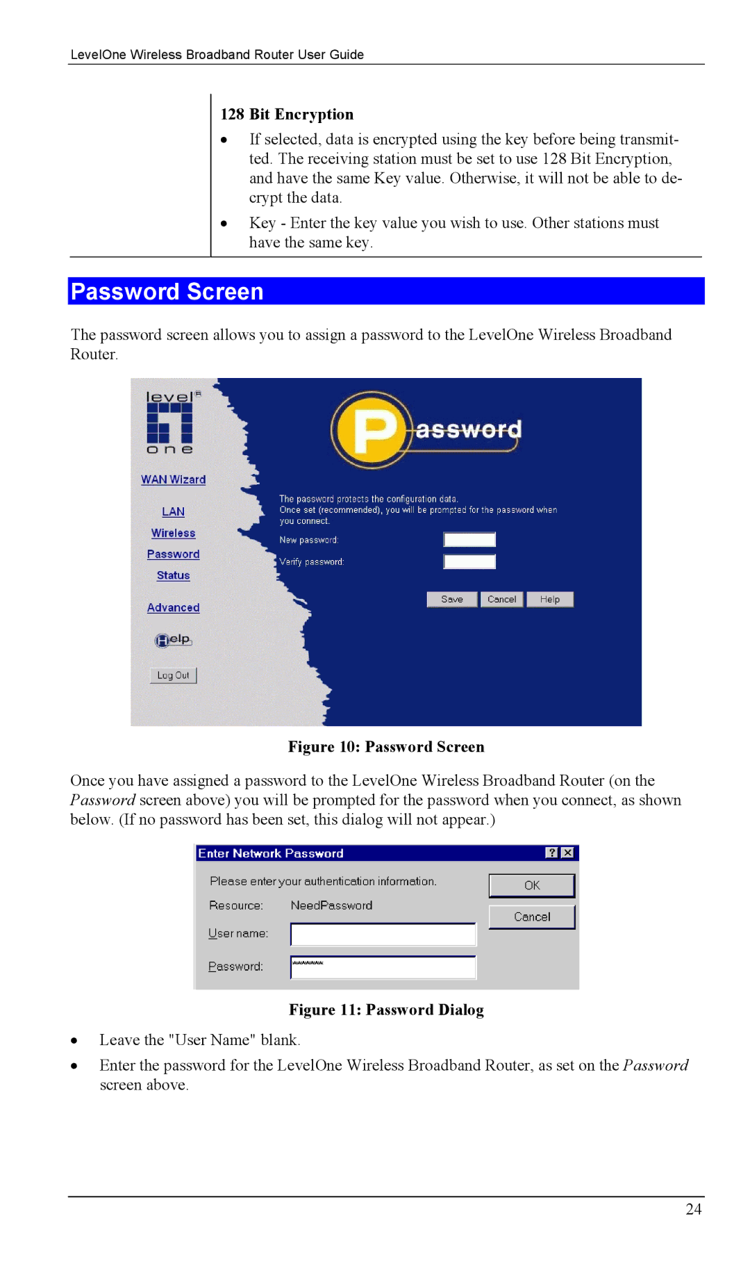 LevelOne WBR-1400TX, WBR-1100TX manual Password Screen, Password Dialog 