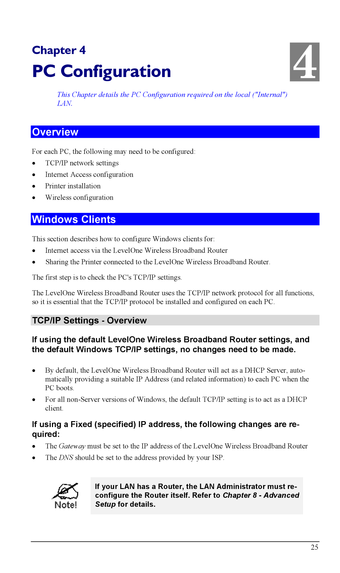 LevelOne WBR-1100TX, WBR-1400TX manual PC Configuration, Windows Clients, TCP/IP Settings Overview 