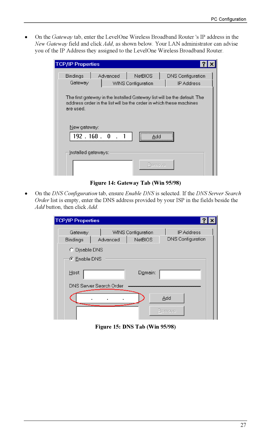 LevelOne WBR-1100TX, WBR-1400TX manual Gateway Tab Win 95/98 