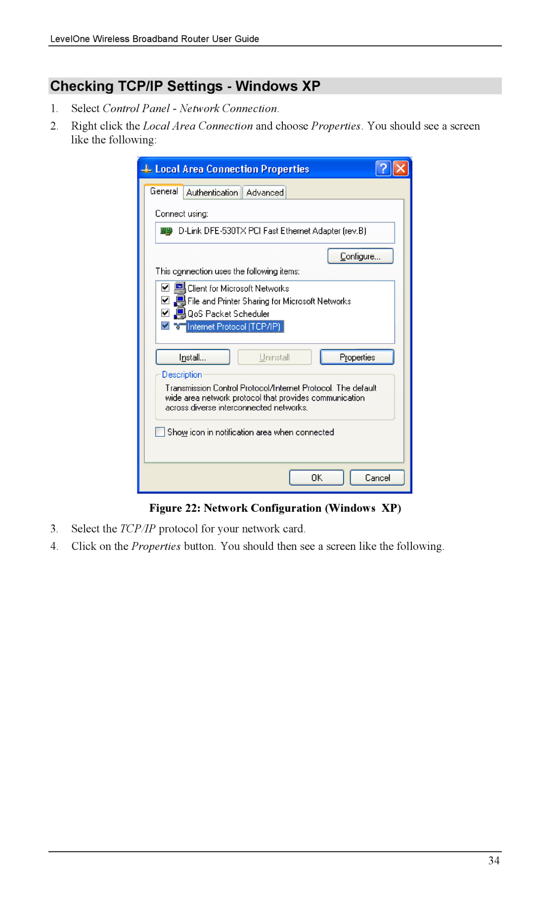 LevelOne WBR-1400TX, WBR-1100TX manual Checking TCP/IP Settings Windows XP, Network Configuration Windows XP 