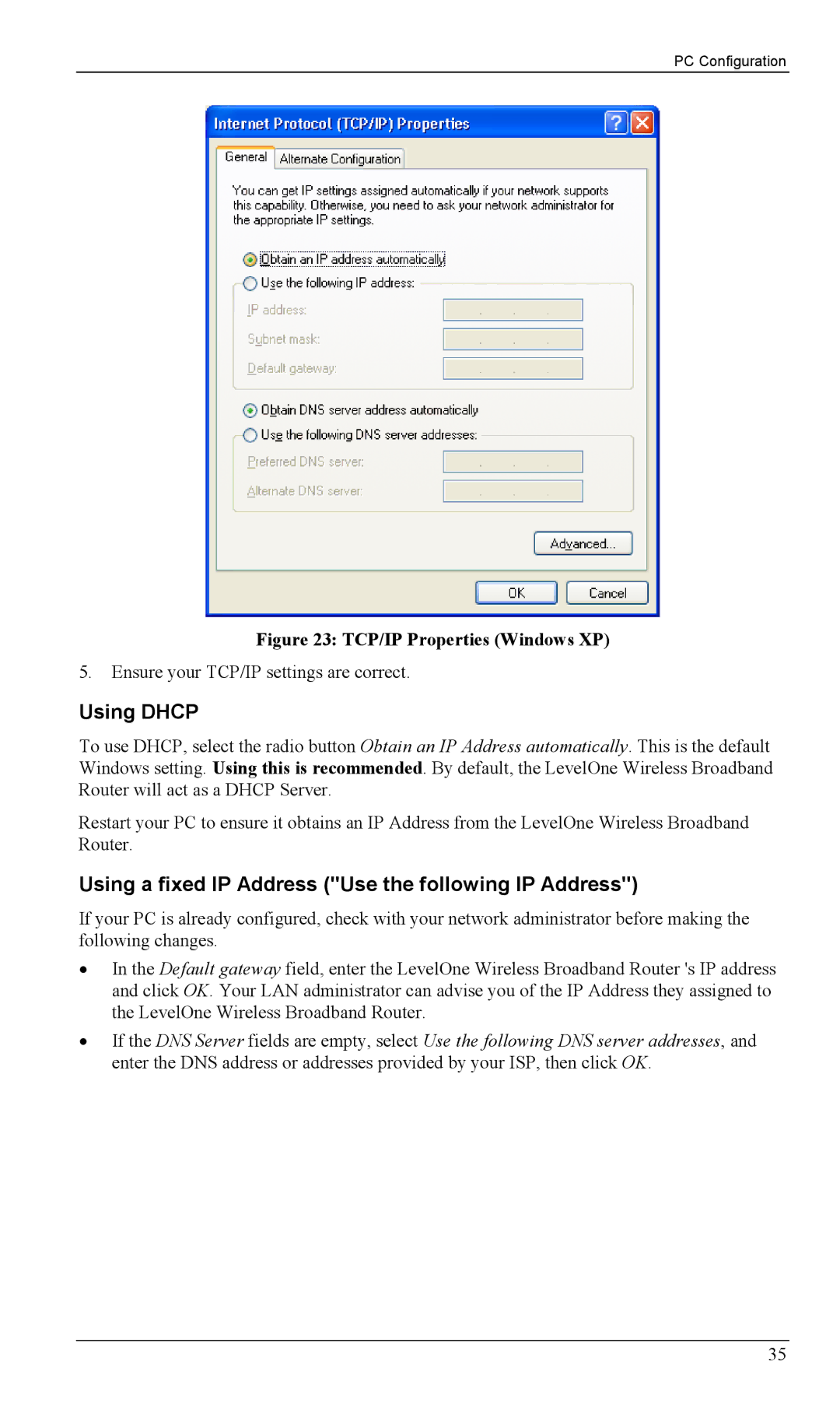 LevelOne WBR-1100TX, WBR-1400TX manual TCP/IP Properties Windows XP 