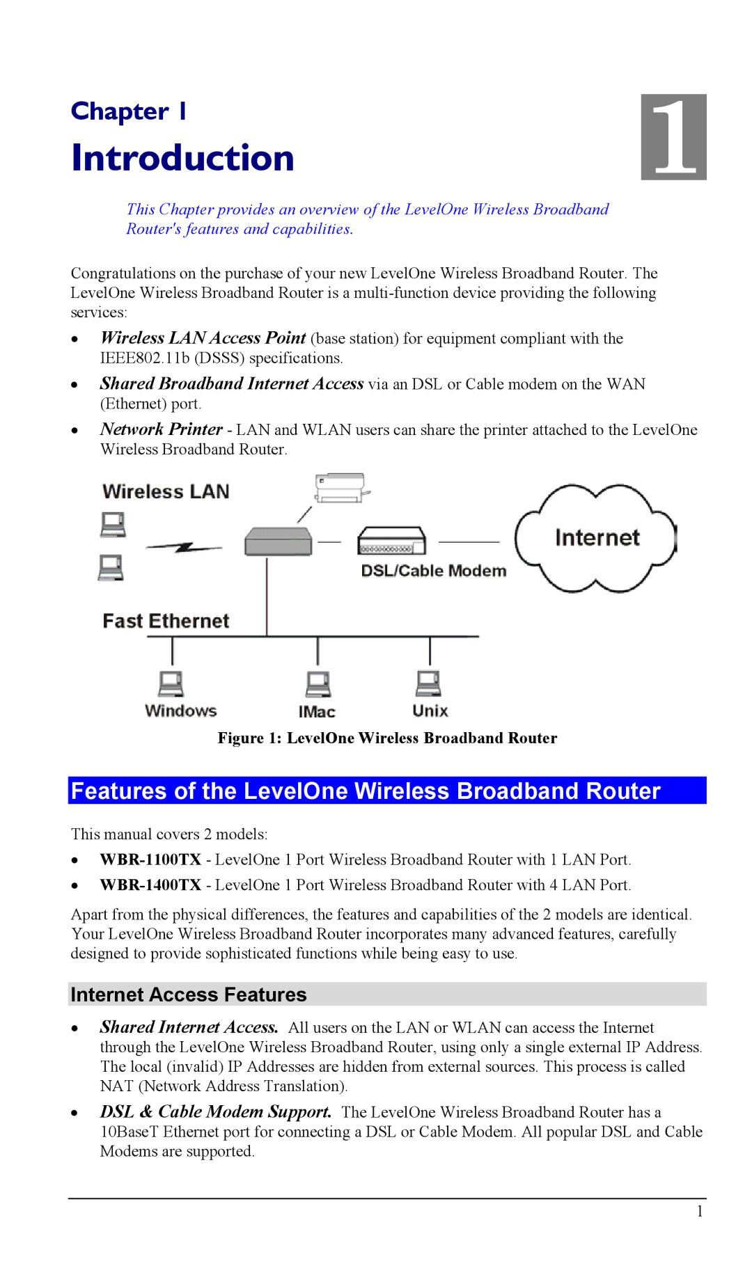 LevelOne WBR-1100TX, WBR-1400TX Introduction, Features of the LevelOne Wireless Broadband Router, Internet Access Features 