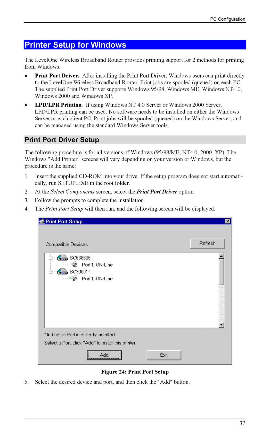 LevelOne WBR-1100TX, WBR-1400TX manual Printer Setup for Windows, Print Port Driver Setup 