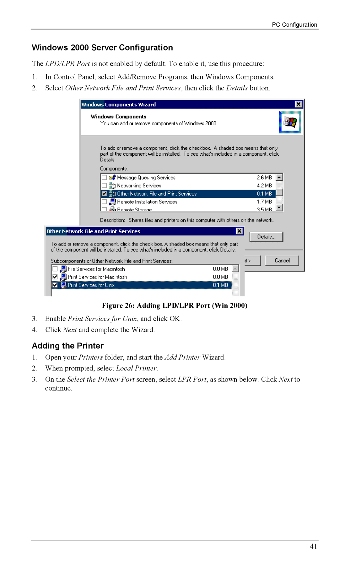 LevelOne WBR-1100TX, WBR-1400TX manual Windows 2000 Server Configuration, Adding the Printer 