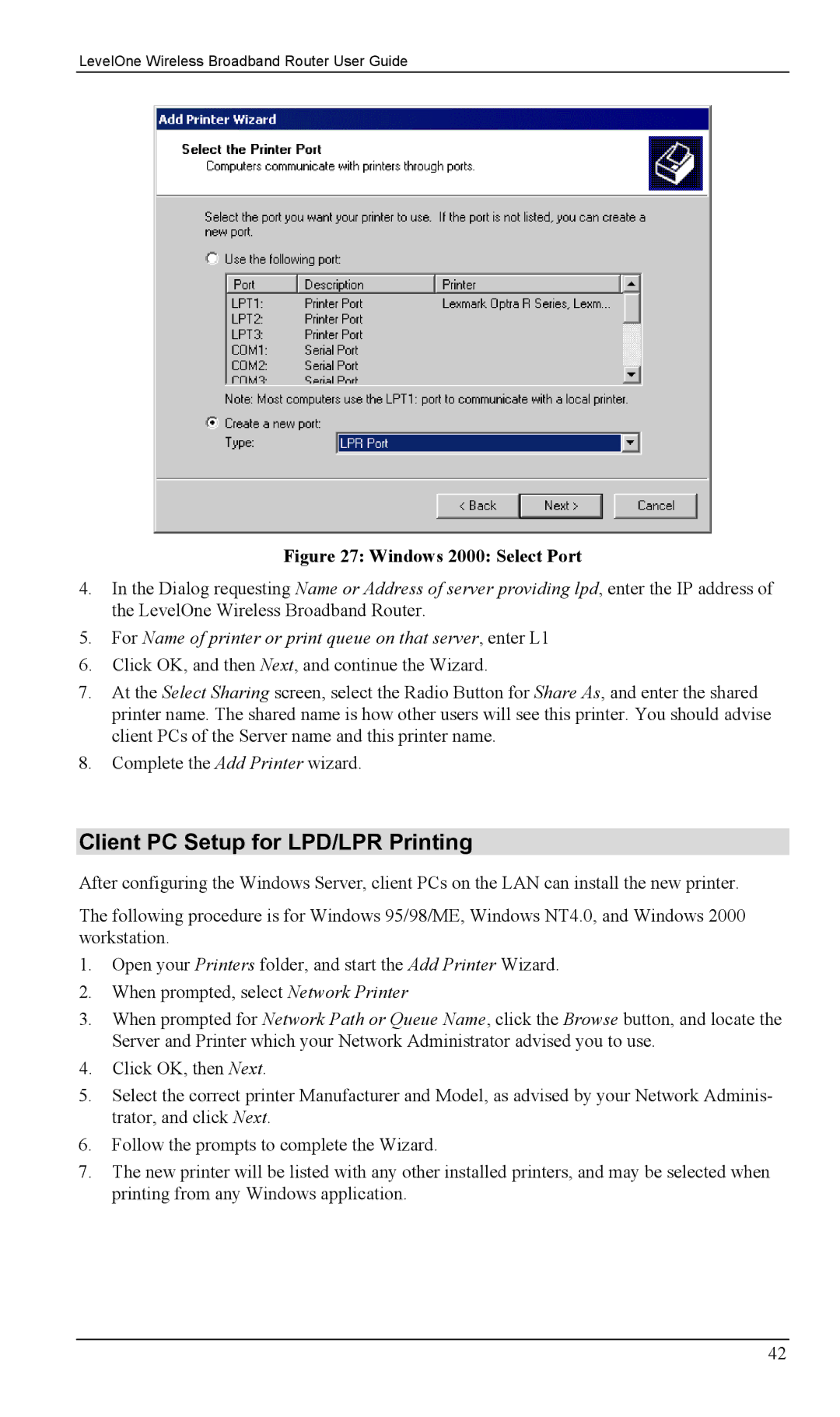 LevelOne WBR-1400TX, WBR-1100TX manual Client PC Setup for LPD/LPR Printing, Windows 2000 Select Port 