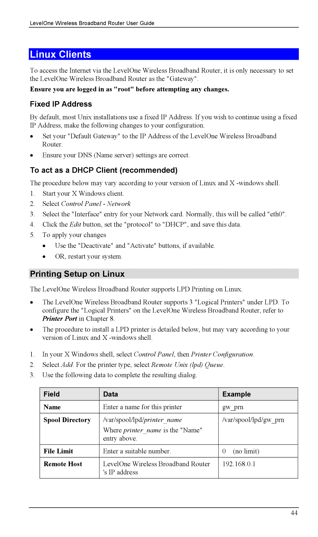 LevelOne WBR-1400TX manual Linux Clients, Printing Setup on Linux, Fixed IP Address, To act as a Dhcp Client recommended 