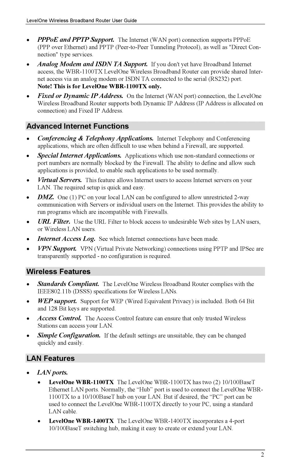 LevelOne WBR-1400TX, WBR-1100TX manual Advanced Internet Functions, Wireless Features, LAN Features 