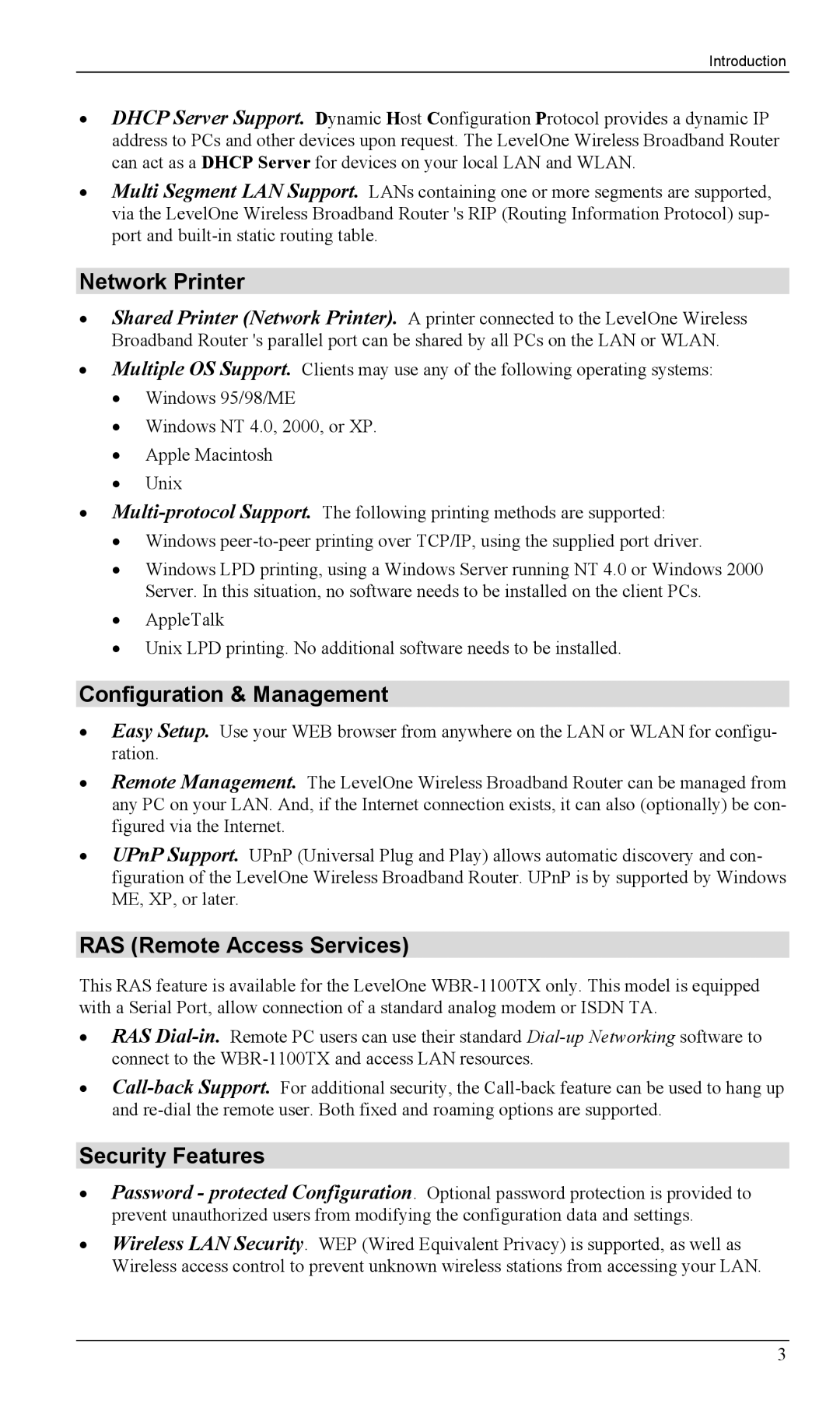 LevelOne WBR-1100TX, WBR-1400TX Network Printer, Configuration & Management, RAS Remote Access Services, Security Features 