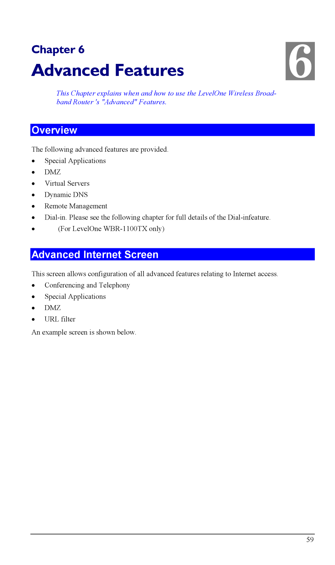 LevelOne WBR-1100TX, WBR-1400TX manual Advanced Features, Advanced Internet Screen 