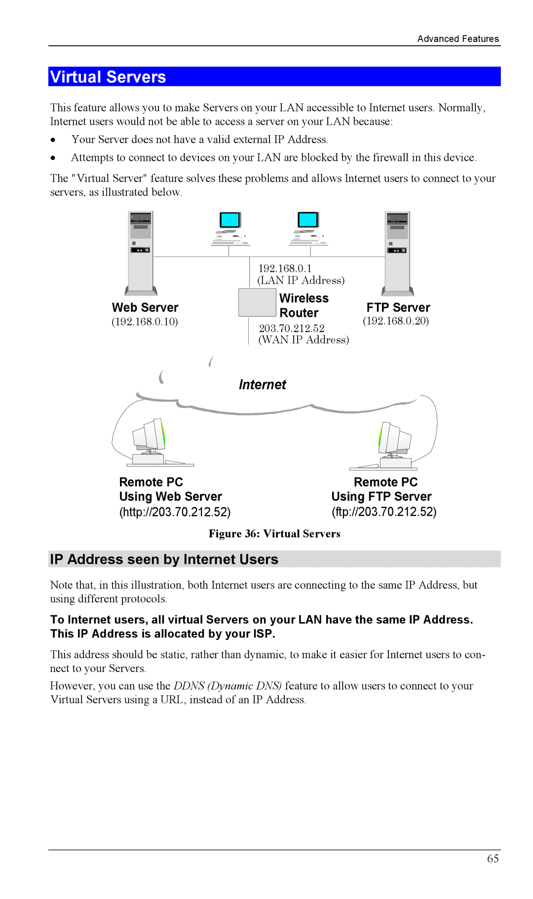 LevelOne WBR-1100TX, WBR-1400TX manual Virtual Servers, IP Address seen by Internet Users, Web Server, Ftp//203.70.212.52 