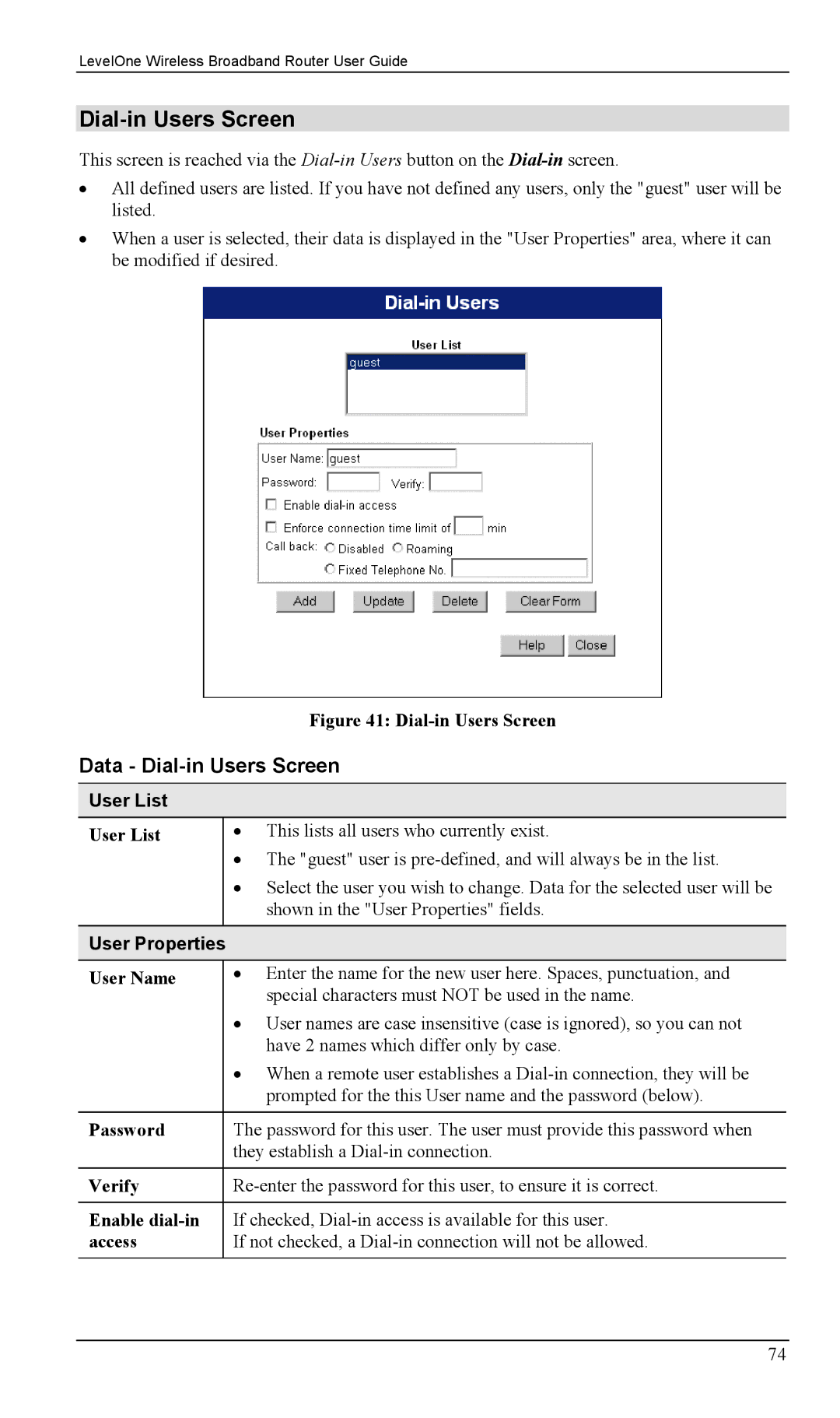 LevelOne WBR-1400TX, WBR-1100TX manual Dial-in Users Screen, User List, User Properties 