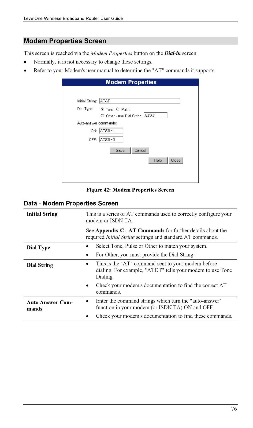 LevelOne WBR-1400TX, WBR-1100TX manual Data Modem Properties Screen 