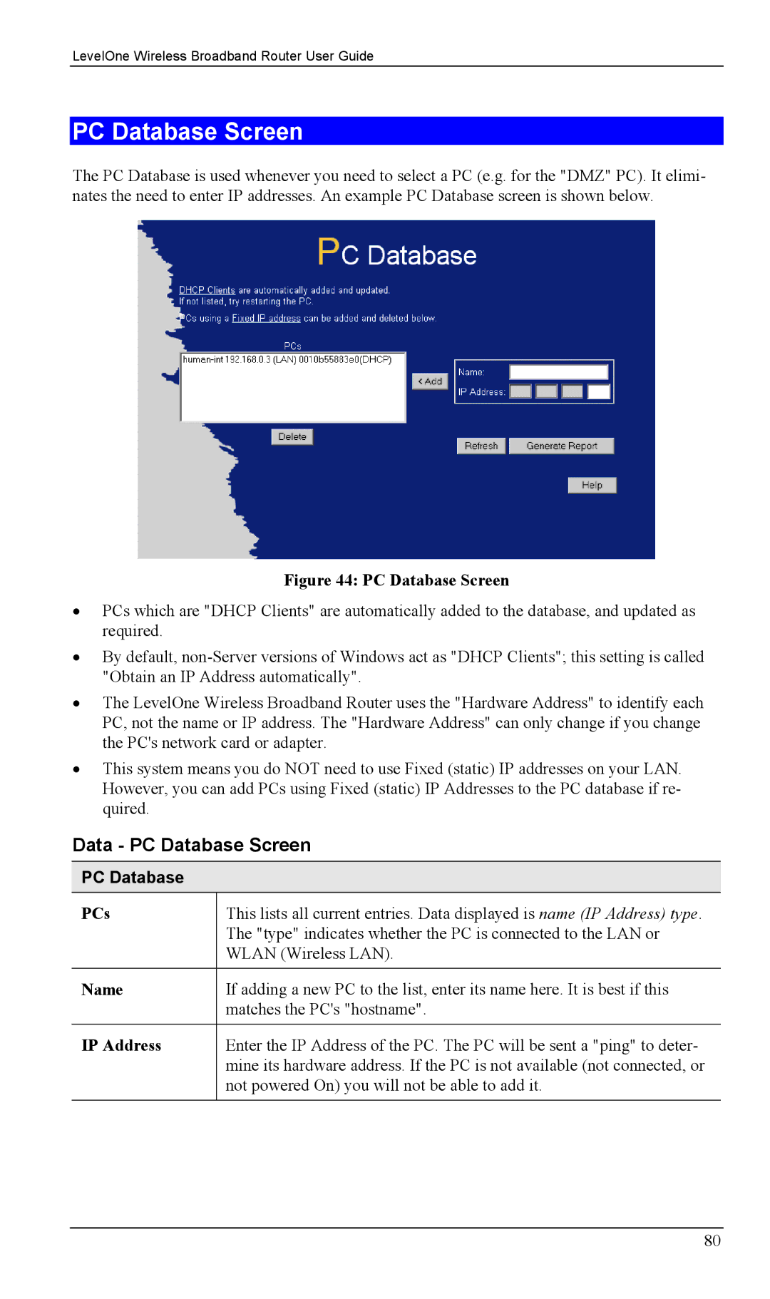 LevelOne WBR-1400TX, WBR-1100TX manual Data PC Database Screen, PCs 