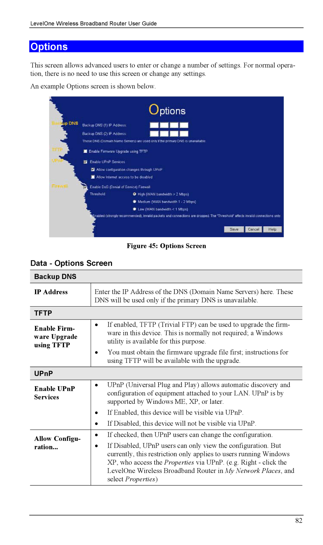 LevelOne WBR-1400TX, WBR-1100TX manual Data Options Screen, Backup DNS, UPnP 