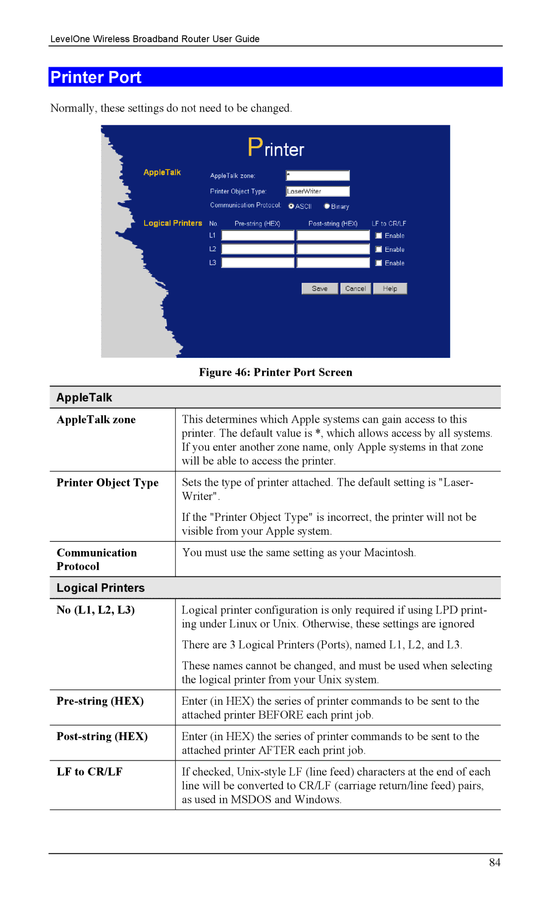 LevelOne WBR-1400TX, WBR-1100TX manual Printer Port, AppleTalk, Logical Printers 
