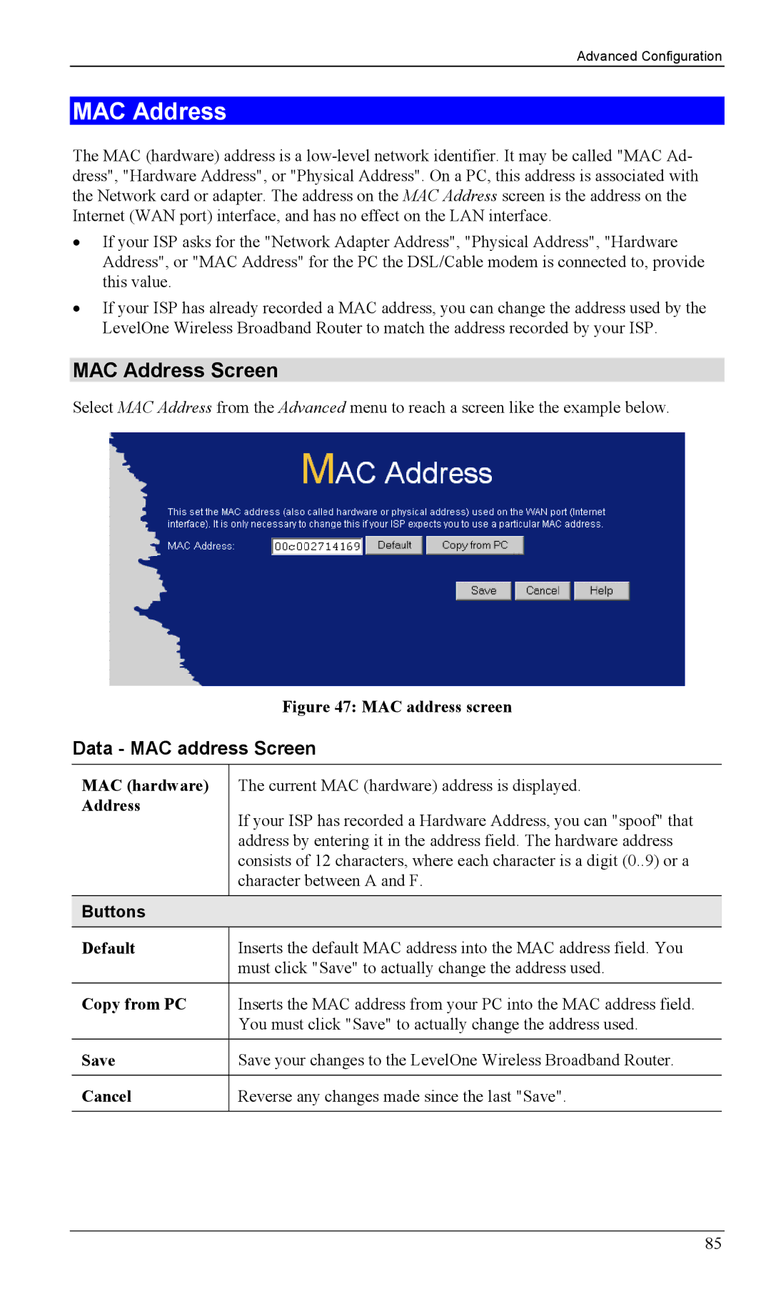 LevelOne WBR-1100TX, WBR-1400TX manual MAC Address Screen, Data MAC address Screen 