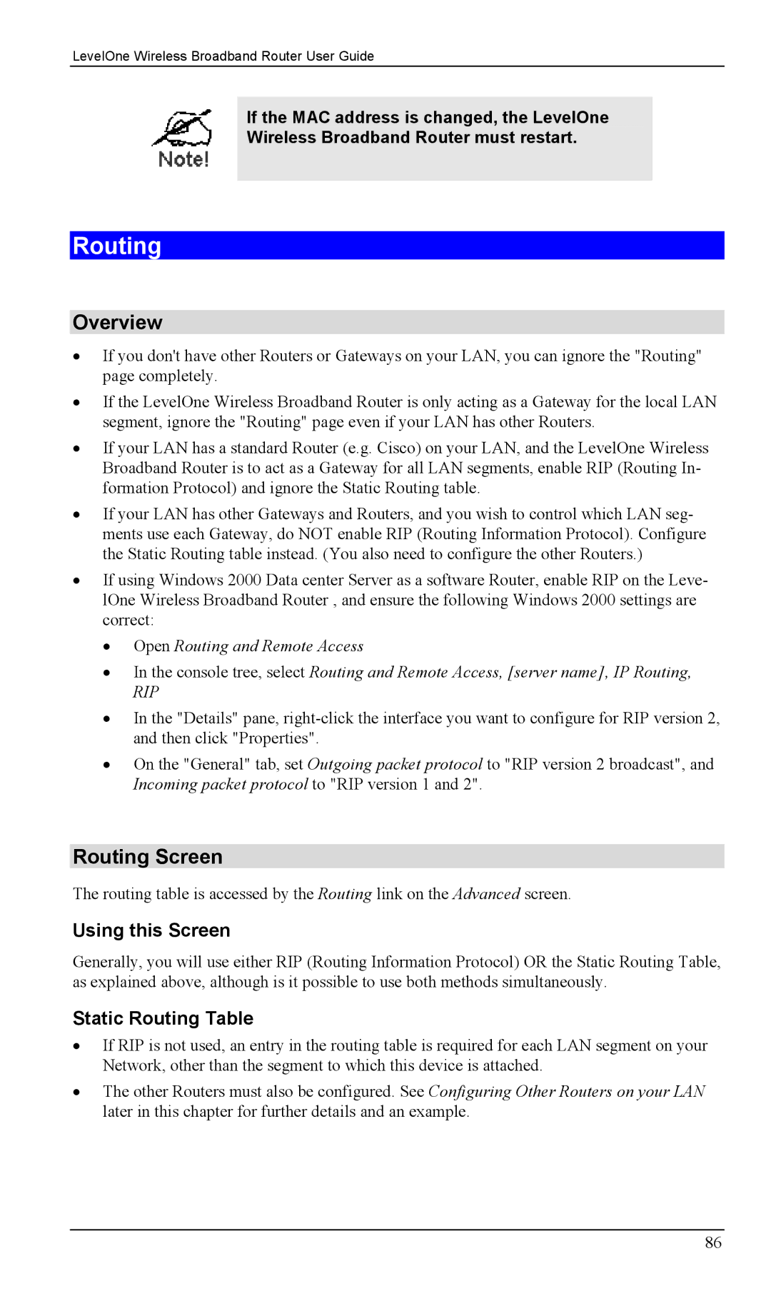 LevelOne WBR-1400TX, WBR-1100TX manual Overview, Routing Screen, Using this Screen, Static Routing Table 