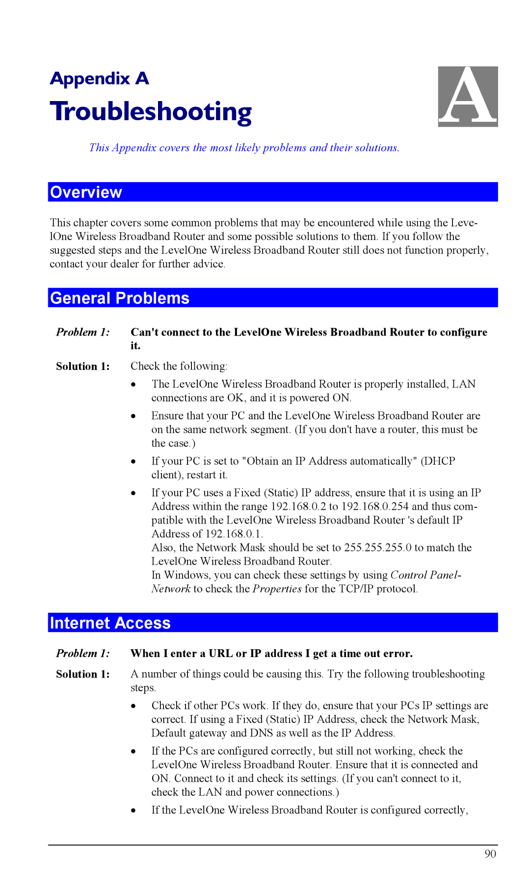 LevelOne WBR-1400TX, WBR-1100TX manual Troubleshooting, General Problems, Internet Access 