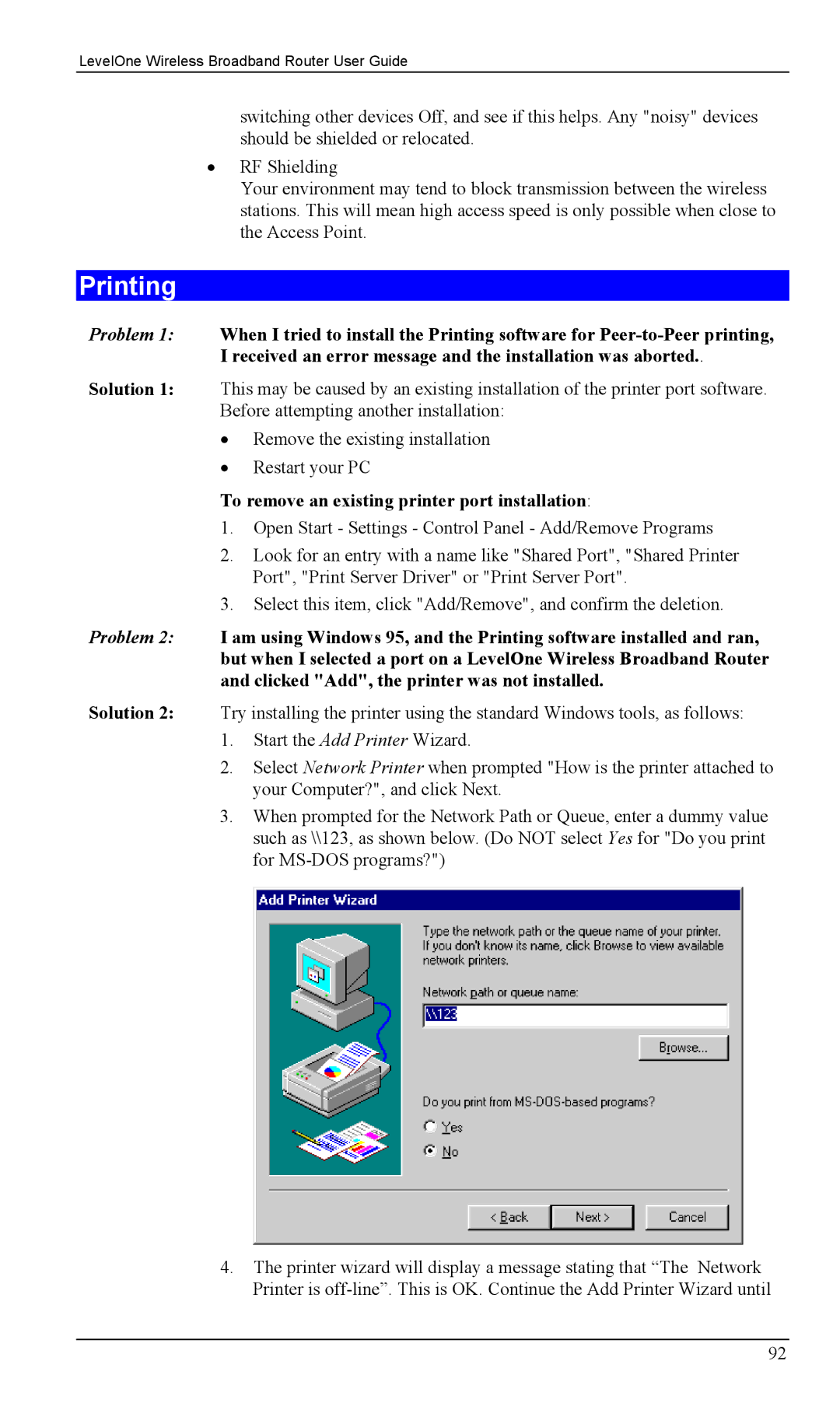 LevelOne WBR-1400TX, WBR-1100TX manual Printing, To remove an existing printer port installation 