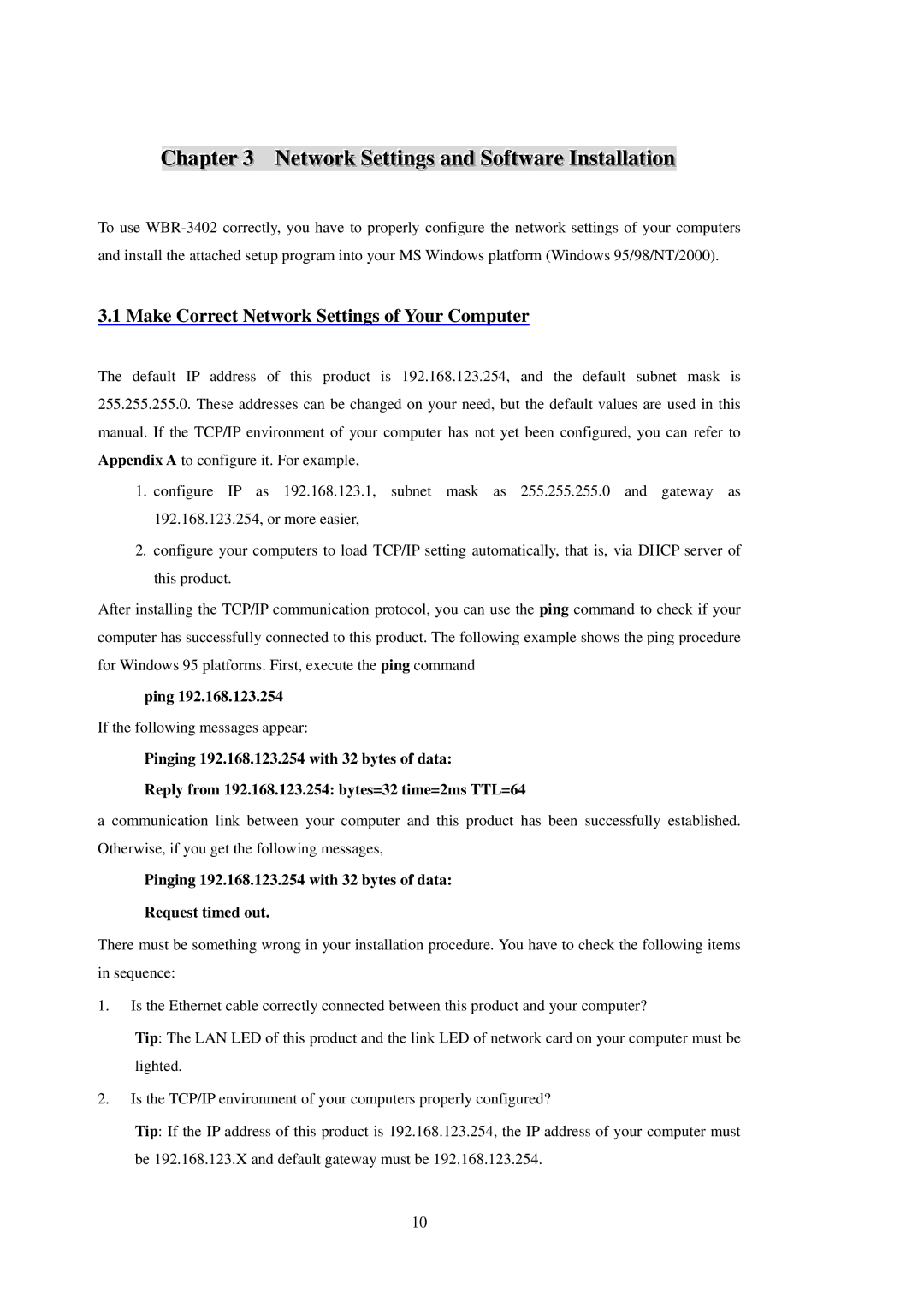 LevelOne WBR-3402TX user manual Make Correct Network Settings of Your Computer, Ping 