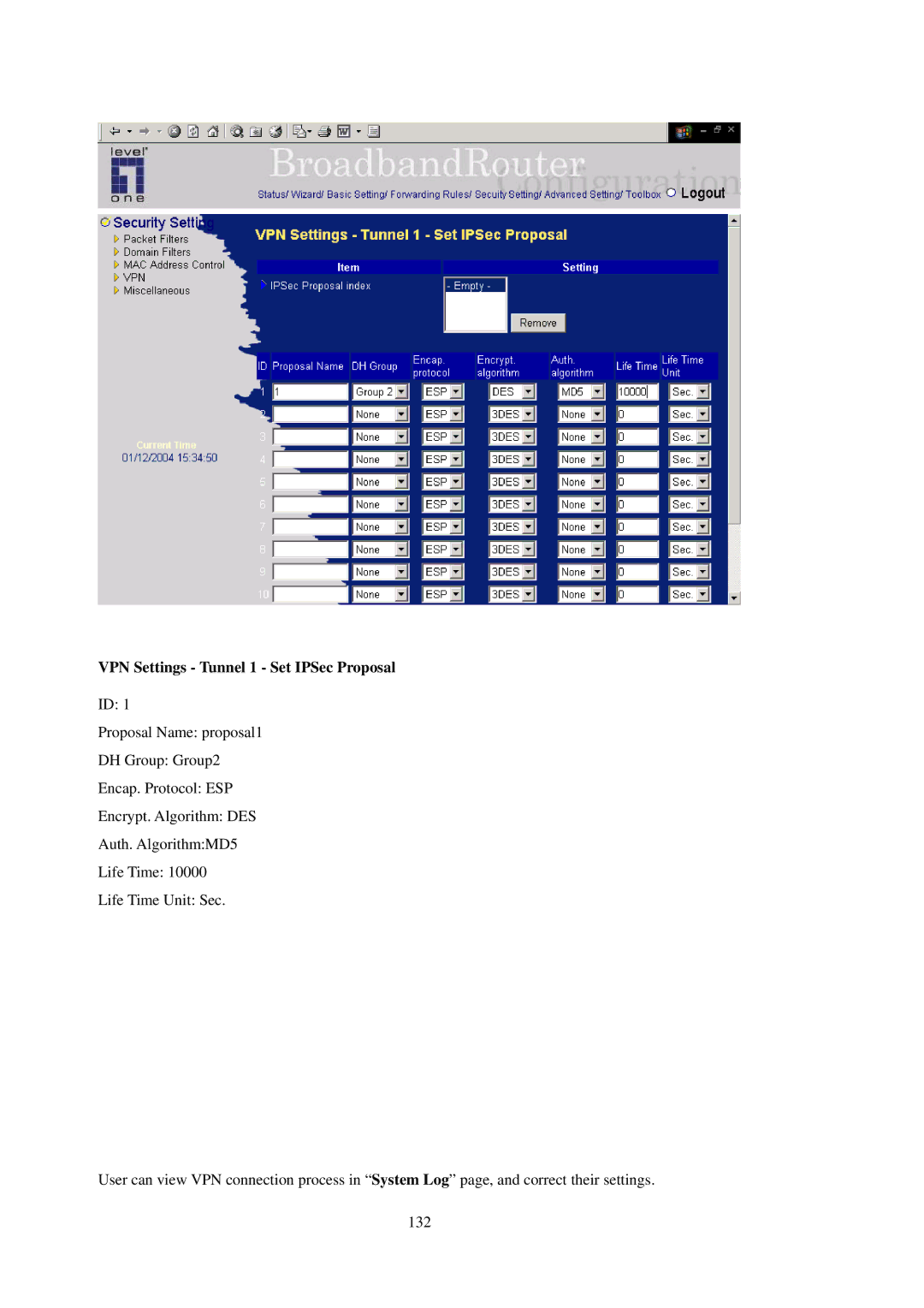 LevelOne WBR-3402TX user manual VPN Settings Tunnel 1 Set IPSec Proposal 