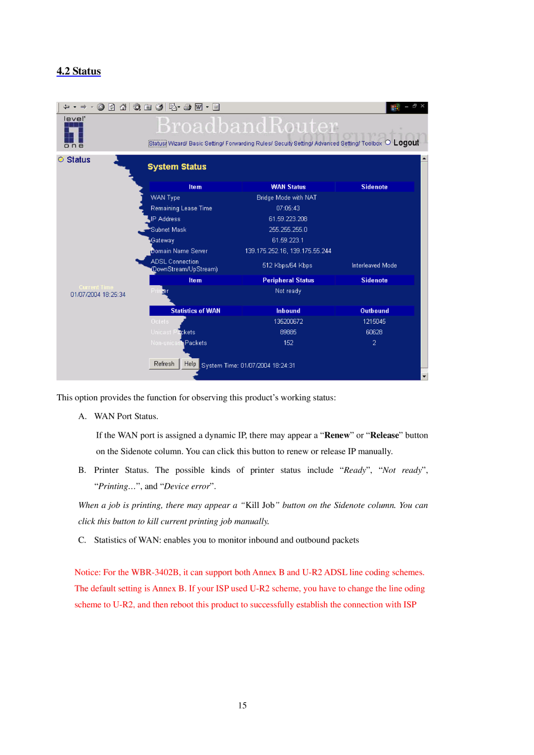 LevelOne WBR-3402TX user manual Status 