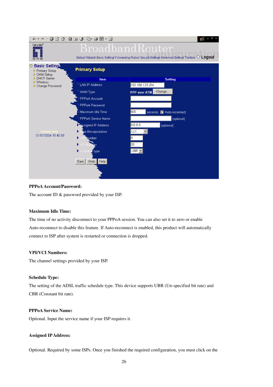 LevelOne WBR-3402TX user manual PPPoA Account/Password, Maximum Idle Time, PPPoA Service Name, Assigned IP Address 