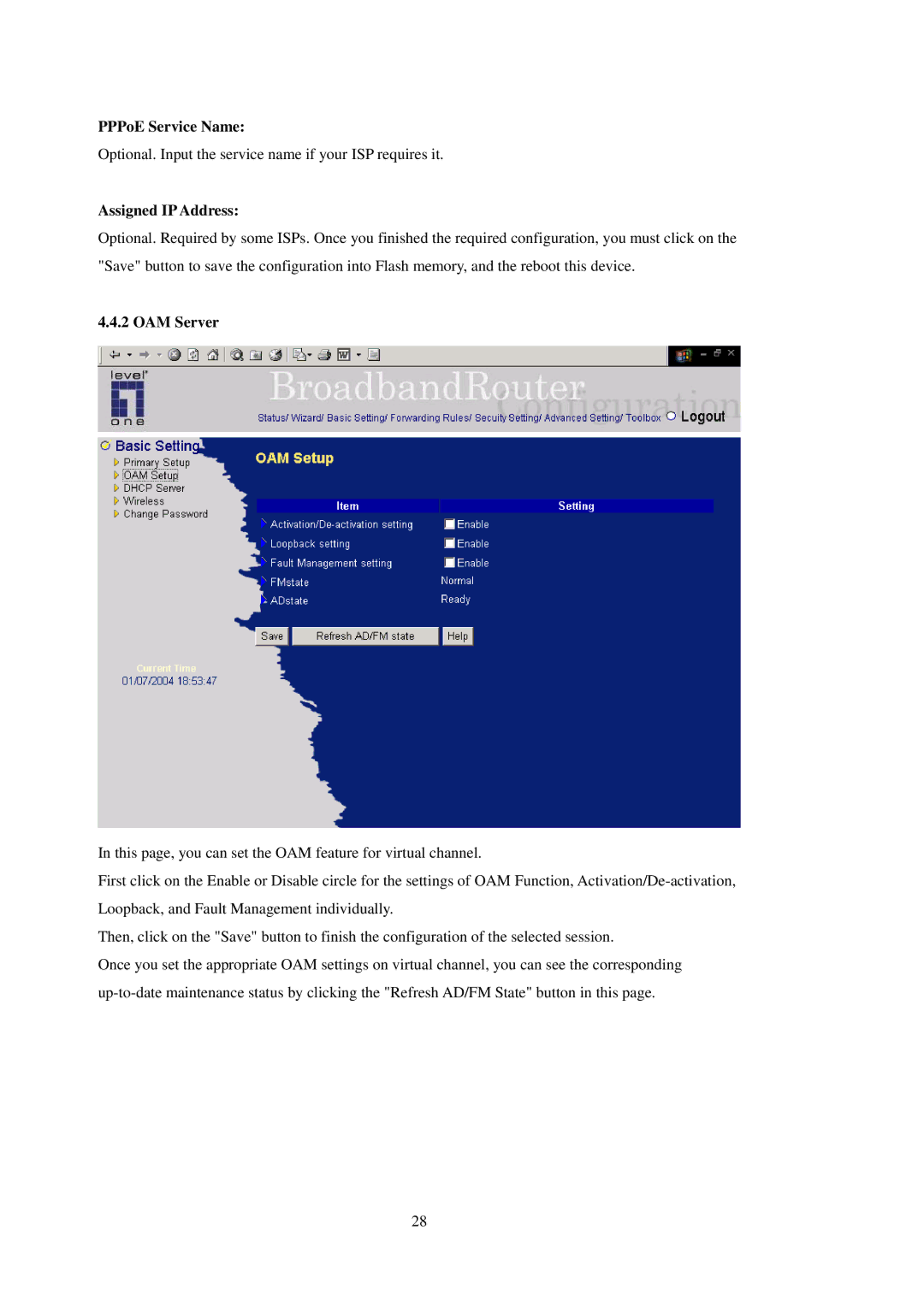 LevelOne WBR-3402TX user manual PPPoE Service Name, OAM Server 