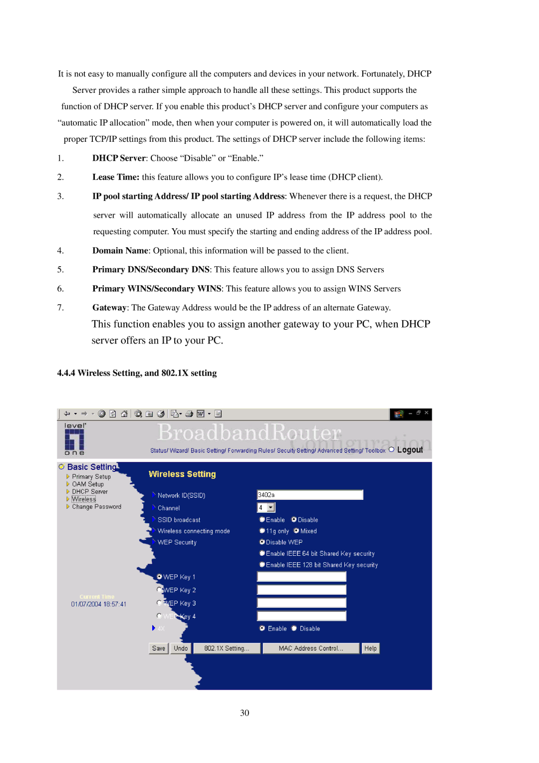 LevelOne WBR-3402TX user manual Wireless Setting, and 802.1X setting 