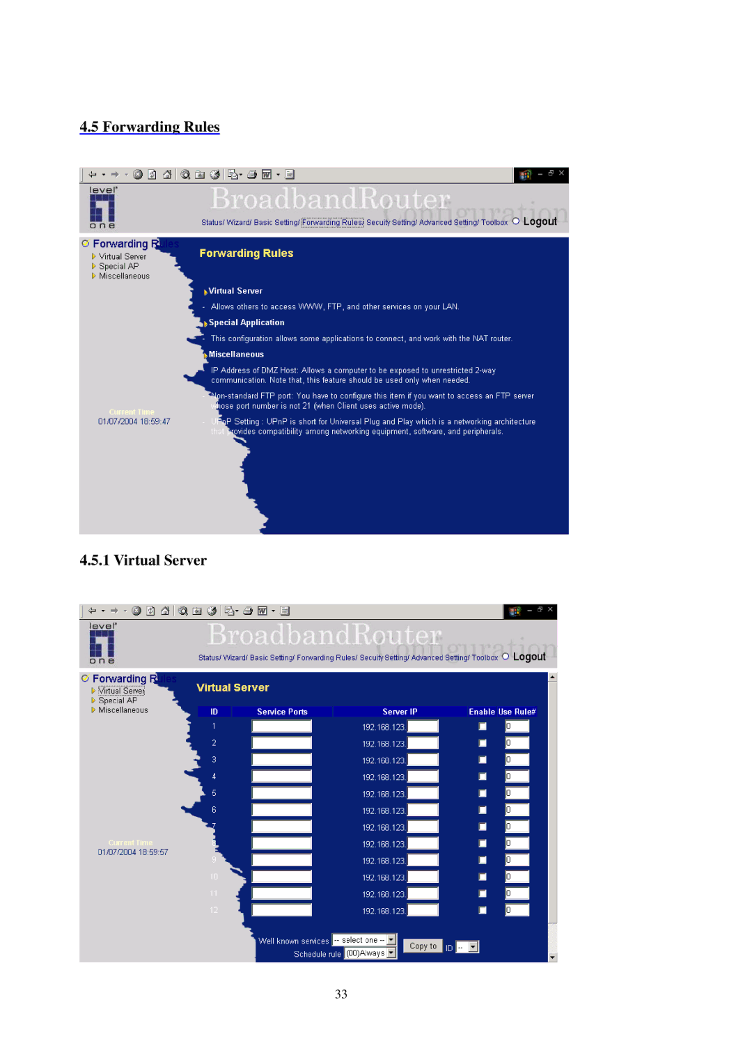 LevelOne WBR-3402TX user manual Forwarding Rules Virtual Server 