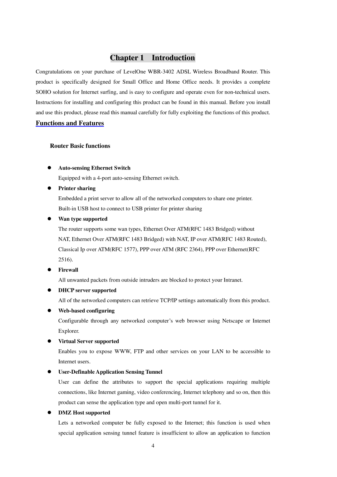 LevelOne WBR-3402TX user manual Functions and Features 