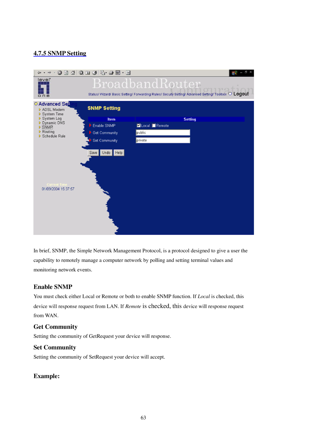 LevelOne WBR-3402TX user manual Snmp Setting, Enable Snmp, Get Community, Set Community 