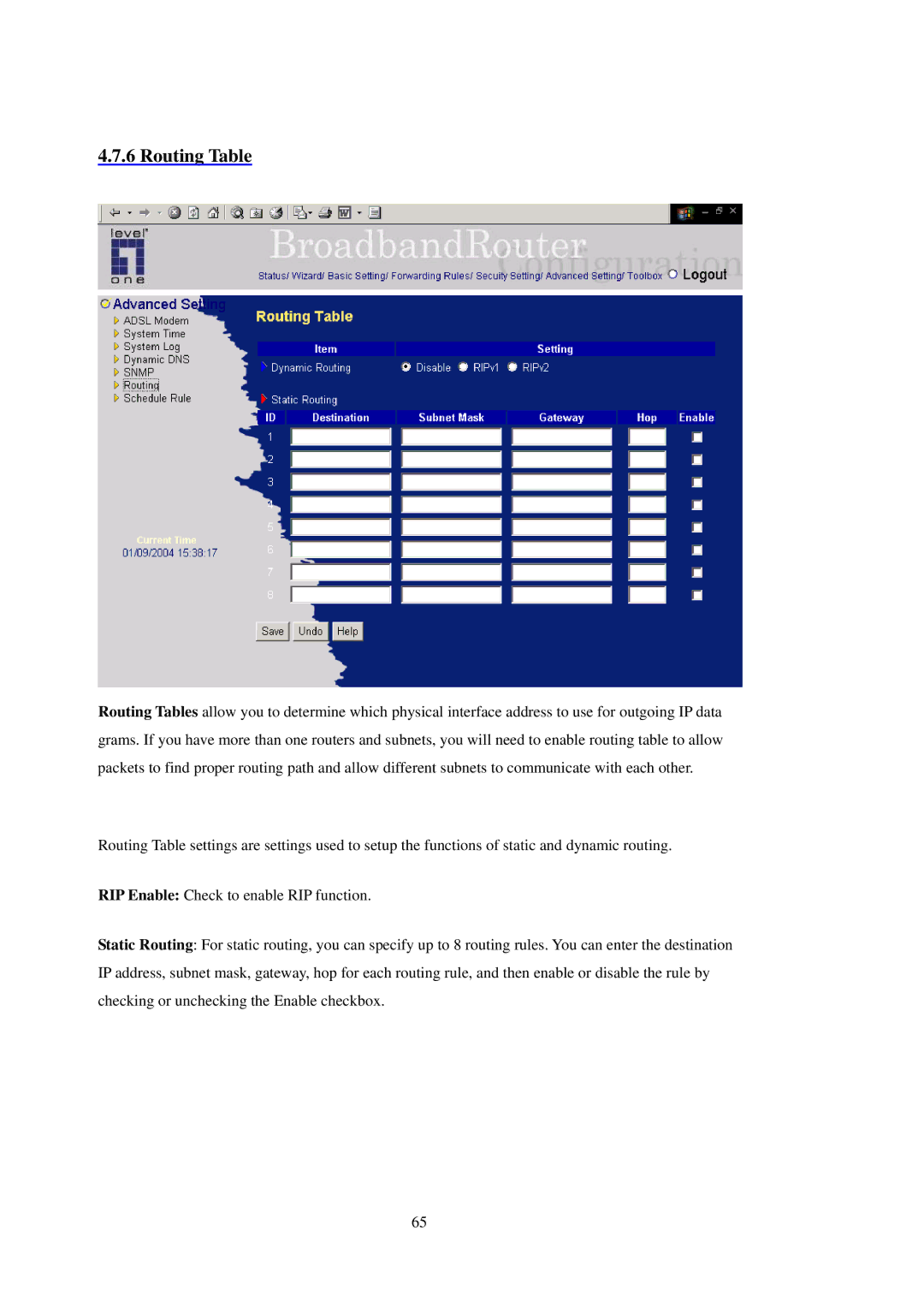 LevelOne WBR-3402TX user manual Routing Table 