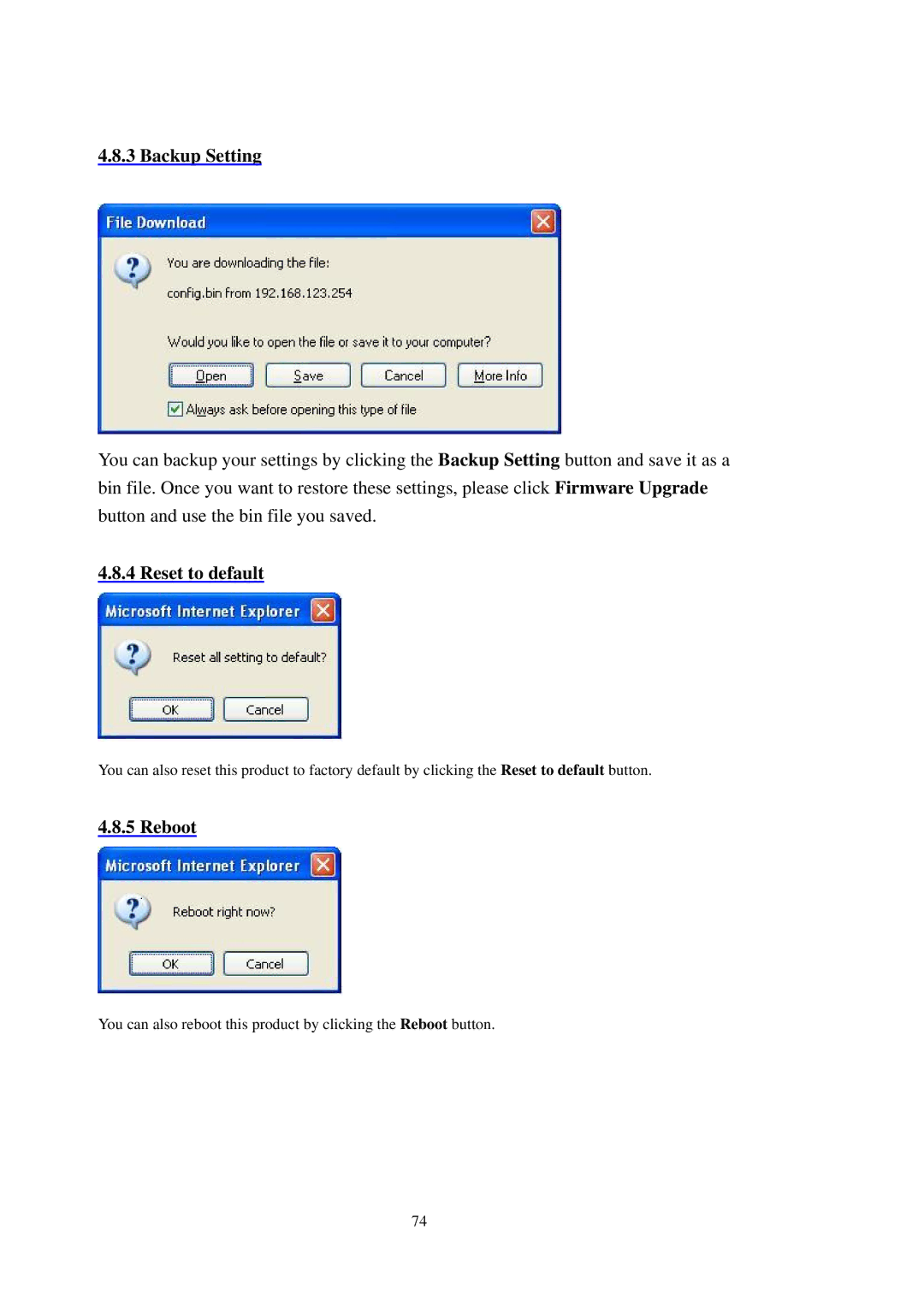 LevelOne WBR-3402TX user manual Backup Setting, Reset to default, Reboot 