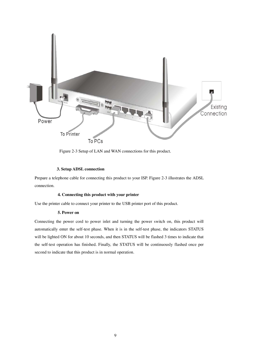 LevelOne WBR-3402TX user manual Setup Adsl connection, Connecting this product with your printer, Power on 