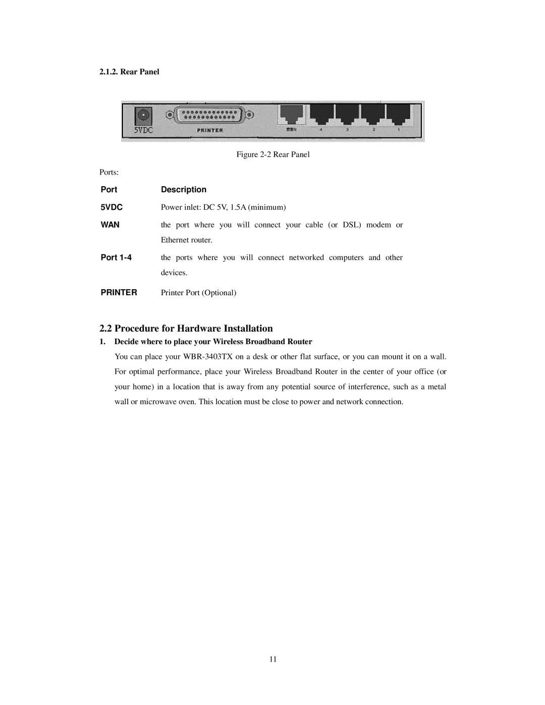 LevelOne WBR-3403TX Procedure for Hardware Installation, Rear Panel, Decide where to place your Wireless Broadband Router 