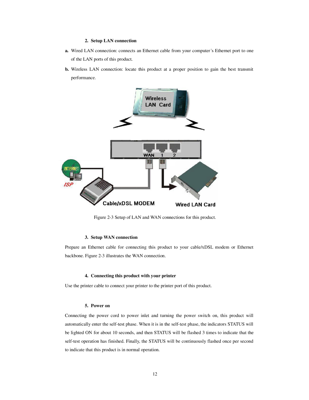 LevelOne WBR-3403TX Setup LAN connection, Setup WAN connection, Connecting this product with your printer, Power on 