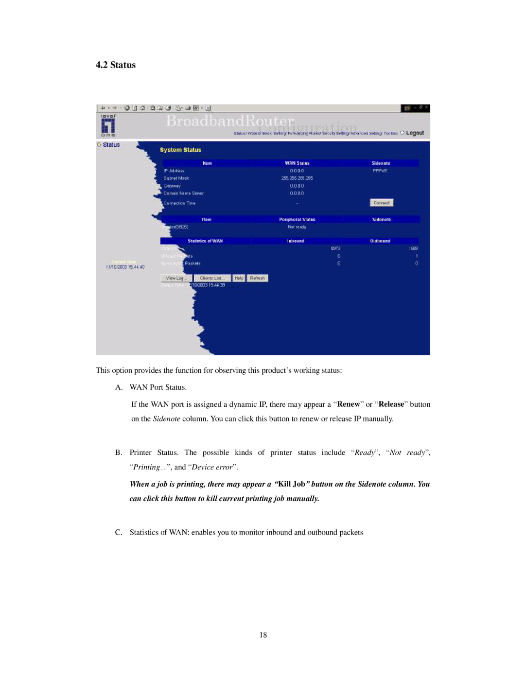 LevelOne WBR-3403TX user manual Status 